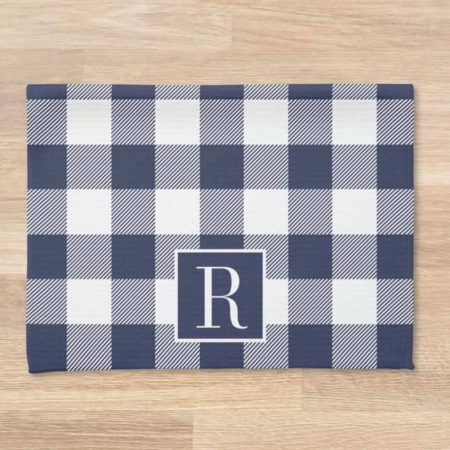 Navy and White Buffalo Check Custom Initial Gift Kitchen Towel (Creator Uploaded)