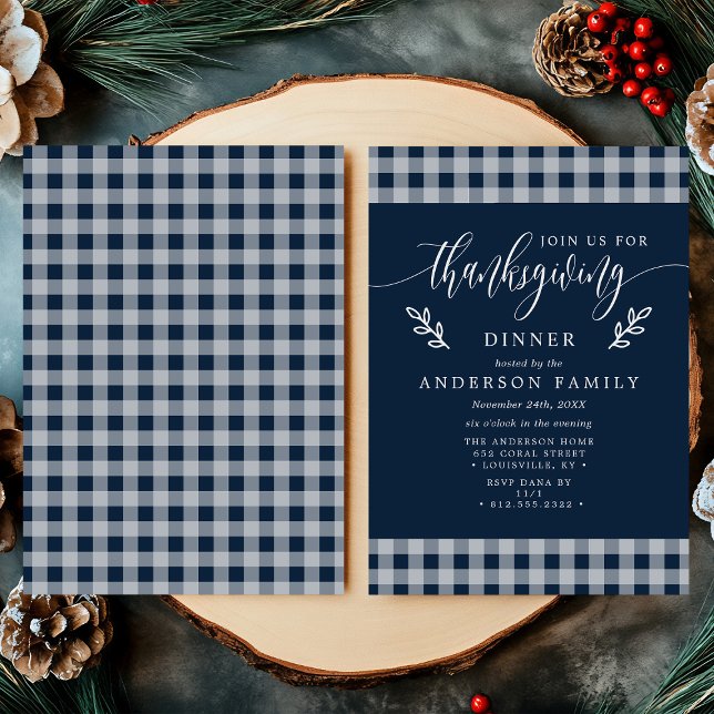 Navy And White Buffalo Check Thanksgiving Dinner Invitation (Creator Uploaded)