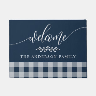 Navy And White Buffalo Check Welcome Personalized Doormat
