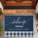 Navy And White Buffalo Check Welcome Personalized Doormat at Zazzle