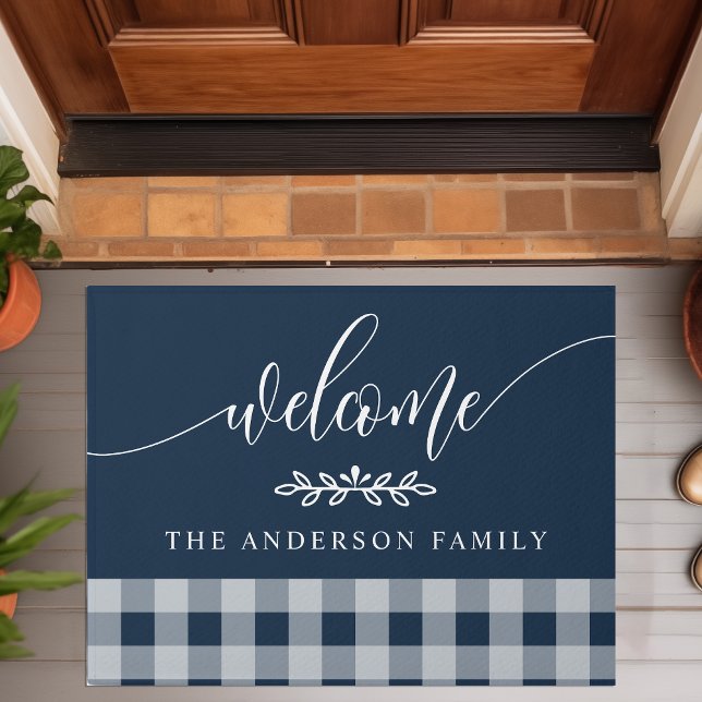 Navy And White Buffalo Check Welcome Personalized Doormat (Creator Uploaded)