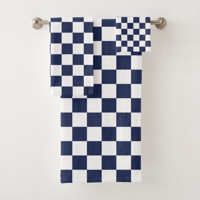 Navy and White Checkered Pattern Bath Towel Set (Insitu)
