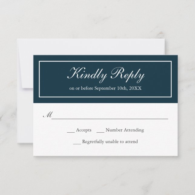 Navy and White Classic Simple Elegant Wedding RSVP Card (Front)