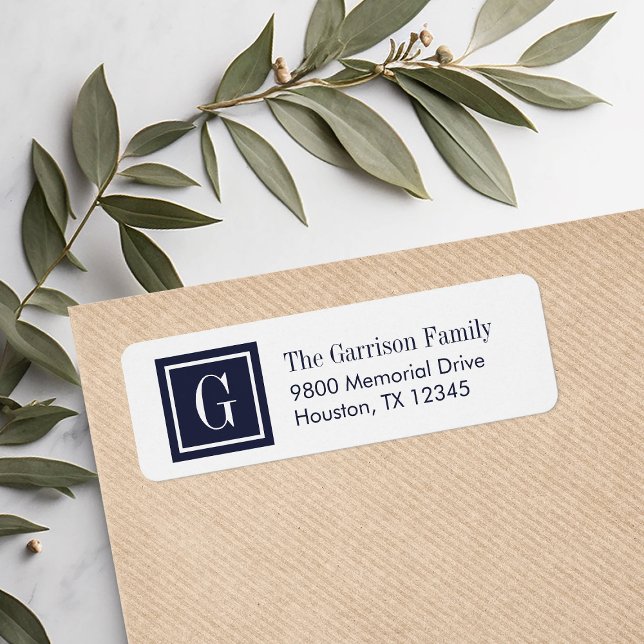 Navy and White Classic Square Monogram Address Label (Creator Uploaded)