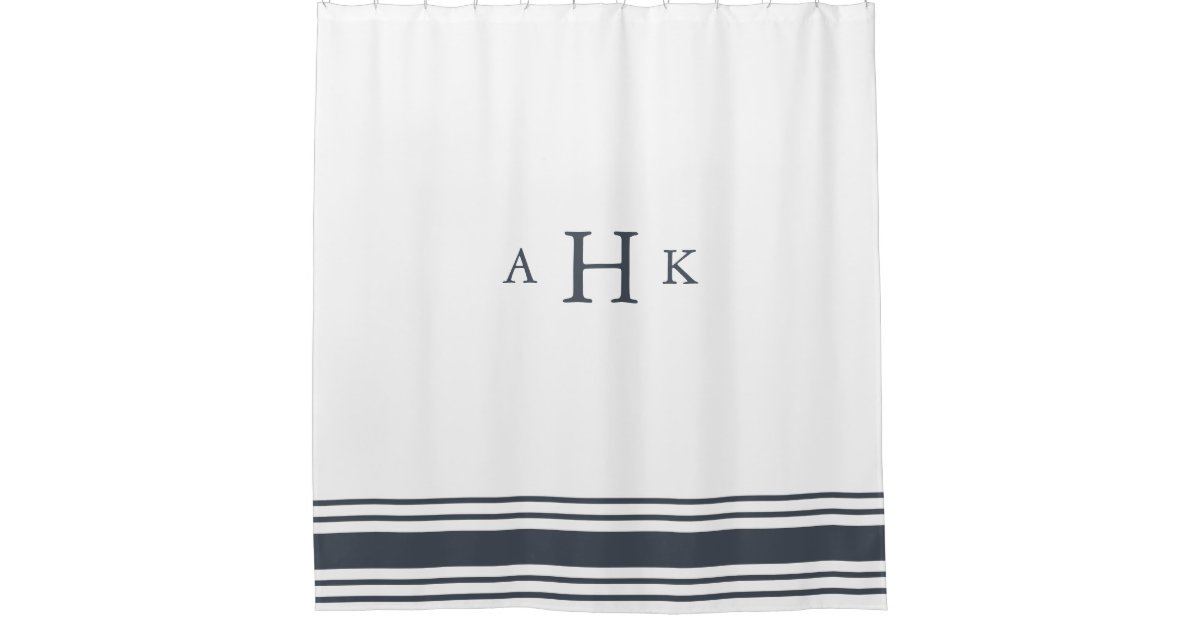 Navy And White Classic Stripe Border Monogram Shower Curtain