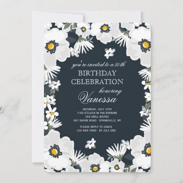 Navy and White Daisies Invitation (Front)
