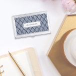 Navy and White Diamond Pattern Business Card Holder<br><div class="desc">Preppy chic business card case features an elongated diamond chevron pattern in classic navy blue and white,  with your name,  monogram or company name in the center.</div>