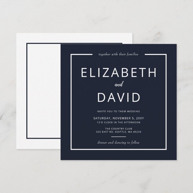 Navy and White Elegant Modern Minimalist Wedding Invitation (Front/Back)