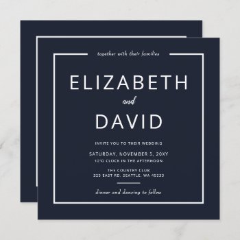 Navy And White Elegant Modern Minimalist Wedding Invitation by blessedwedding at Zazzle