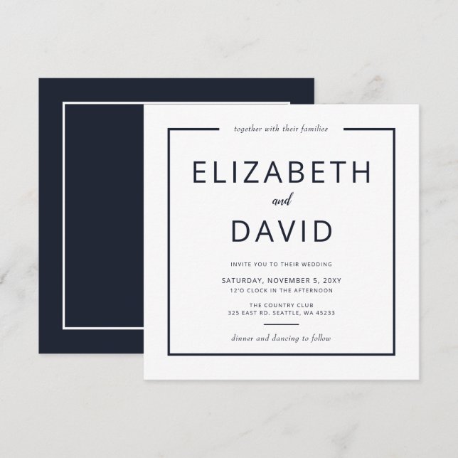 Navy and White Elegant Modern Minimalist Wedding Invitation (Front/Back)