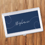 Navy and White Elegant Script Curly Name Business Card Case<br><div class="desc">An elegant signature style script name design with extra curly tails.
You can customize the navy or dark blue and white colors.
Customize the font size or move it as needed for longer or shorter names.
Create your own business card case for her.</div>