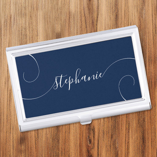 Navy and White Elegant Script Curly Name Business Card Case