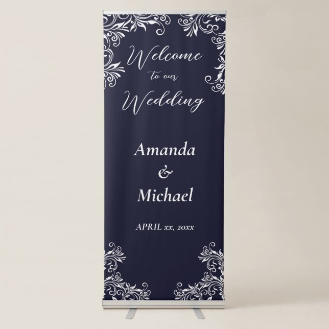 Navy and White Elegant Style Wedding Retractable Retractable Banner (Front)