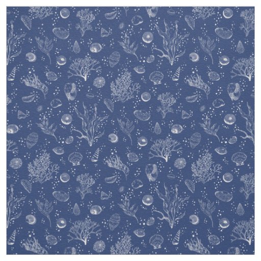 Navy and white fabric with seashells and seaweeds 