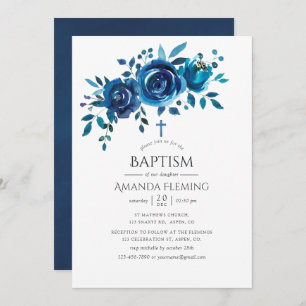 Navy and White Floral Baptism or Christening Invitation