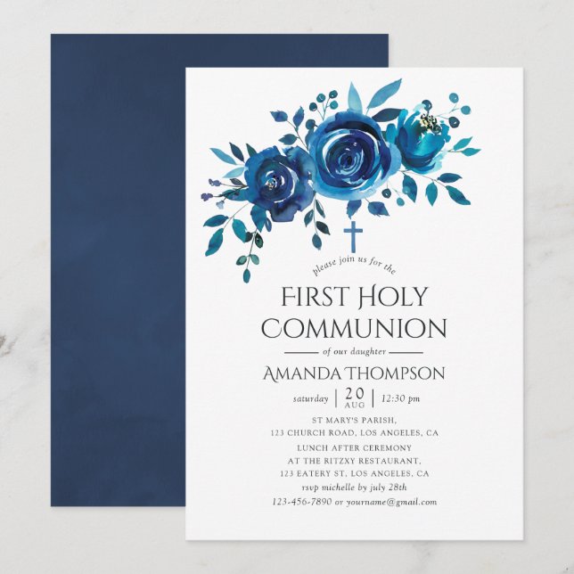 Navy and White Floral First Holy Communion Invitation (Front/Back)