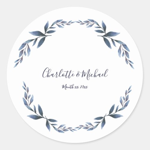 Navy and White Floral Leaf Wedding Classic Round Sticker