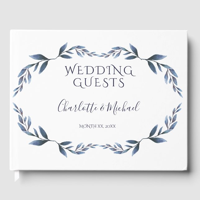 Navy and White Floral Leaf Wedding Guest Book (Front)