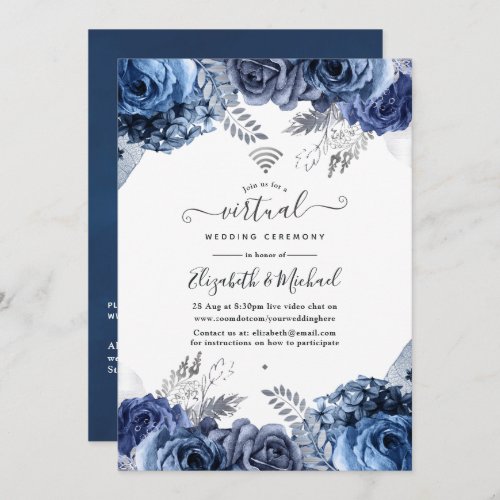 Navy and White Floral Online Virtual Wedding Invitation