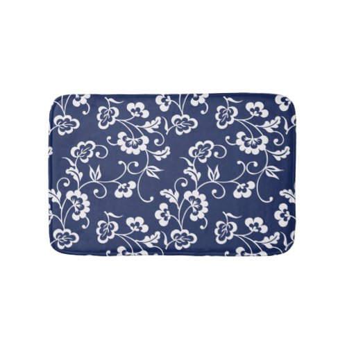 Navy and White Floral Pattern Bath Mat