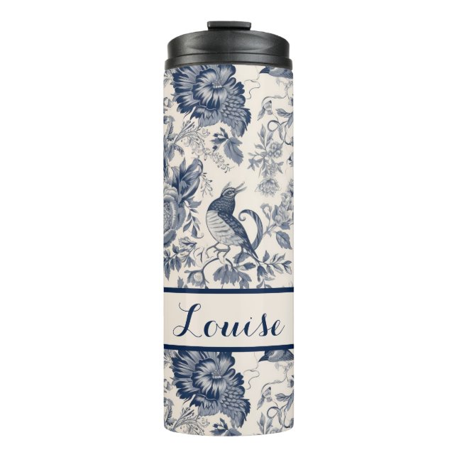 Navy and White Floral Toile Patterned Thermal Tumbler (Front)