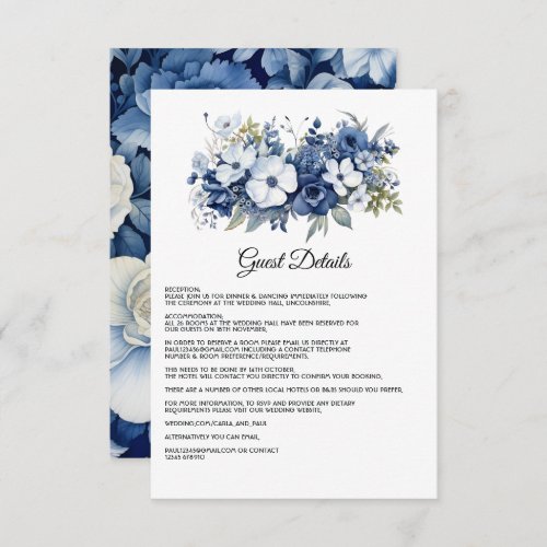 Navy and White Floral Wedding Guest Details Enclosure Card