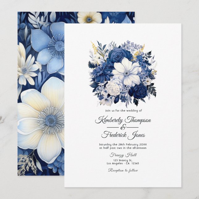 Navy and White Floral Wedding Invitation (Front/Back)