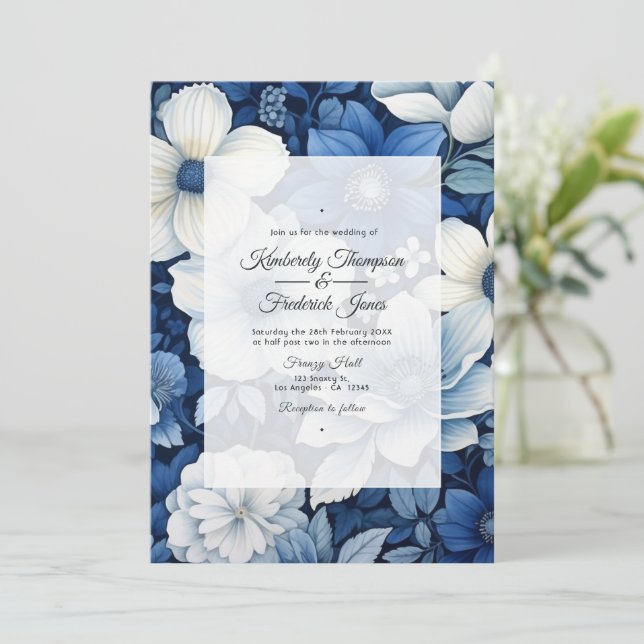 Navy and White Floral Wedding Invitation (Standing Front)