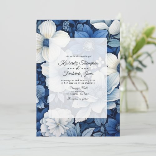 Navy and White Floral Wedding Invitation