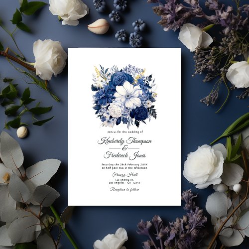 Navy and White Floral Wedding Invitation