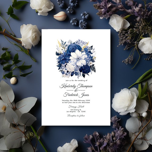 Navy and White Floral Wedding Invitation (Navy and White)