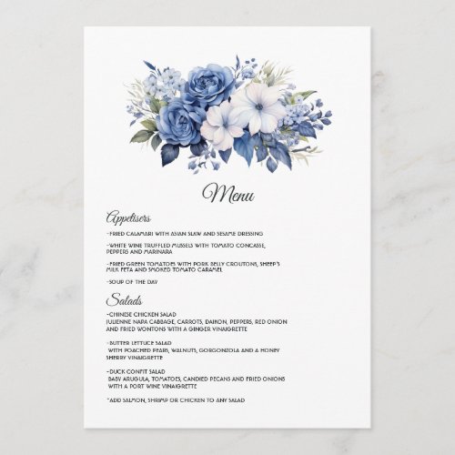Navy and White Floral Wedding Menu