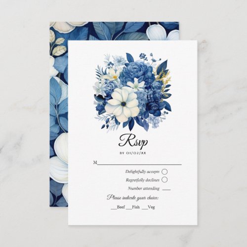 Navy and White Floral Wedding RSVP Card
