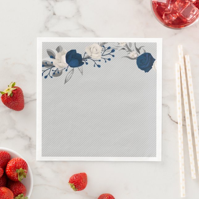 navy and white flowers botanical wreath wedding paper dinner napkins (Insitu)