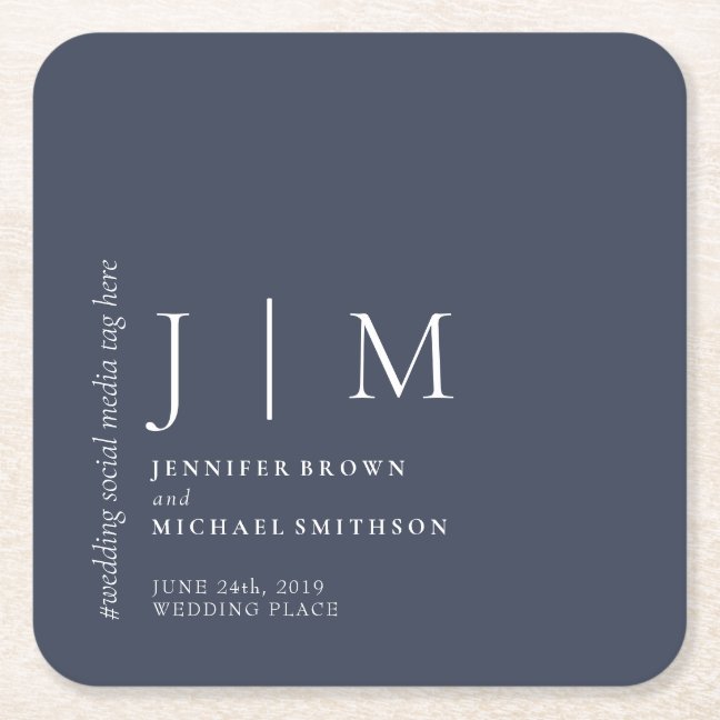 Navy and White Formal Simple Elegant Wedding Square Paper Coaster