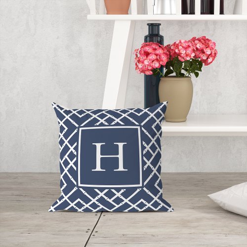 Navy and White Geometric Bamboo Lattice Monogram Throw Pillow