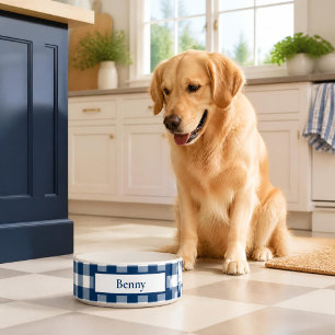 Navy and White Gingham Check Name Bowl