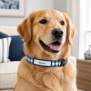 Navy and White Gingham Check Name Pet Collar