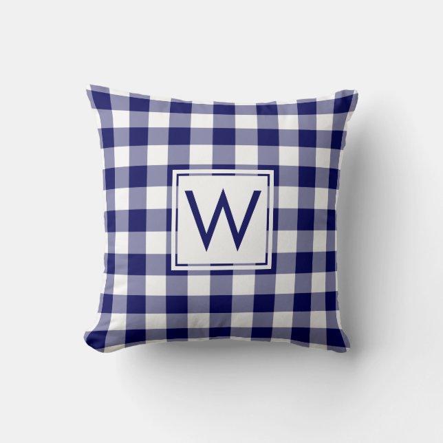 Navy and White Gingham Pattern, Custom Monogram Throw Pillow (Front)