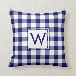 Navy and White Gingham Pattern, Custom Monogram Throw Pillow