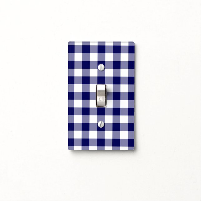 Navy and White Gingham Pattern Light Switch Cover (In Situ)