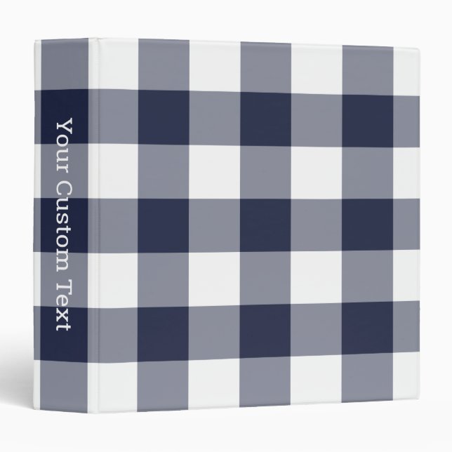 Navy and White Gingham Plaid Pattern Custom Title 3 Ring Binder (Front/Spine)