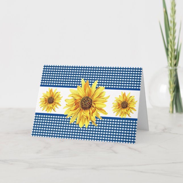 Navy and White Gingham Sunflower Blank Inside Card (Front)