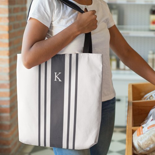 Navy and White Grainsack Stripe Monogram Tote Bag