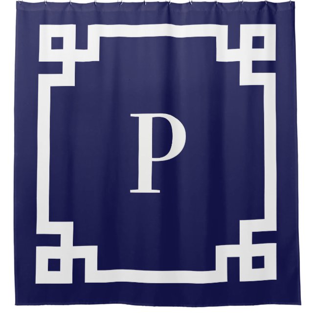 Navy and White Greek Key Bold Border Monogram Shower Curtain (Front)