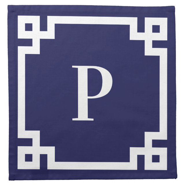 Navy and White Greek Key Border Monogram Cloth Napkin (Front)