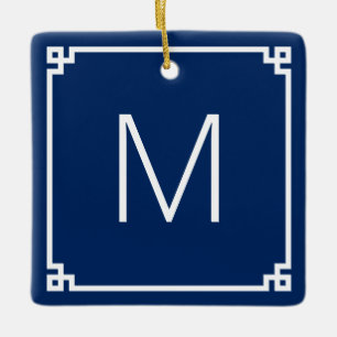 Navy and White Greek Key Border Monogram Photo Ceramic Ornament