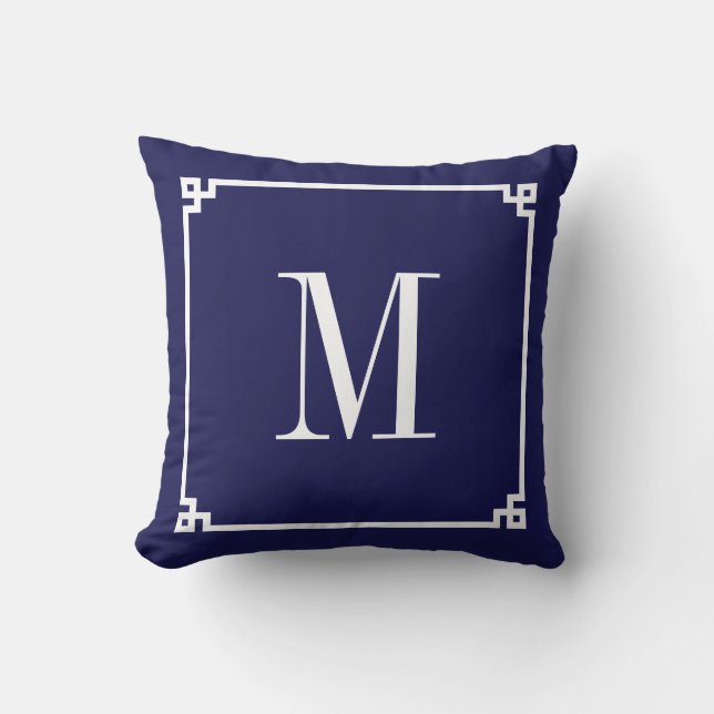 Navy and White Greek Key Border Monogrammed Throw Pillow (Front)