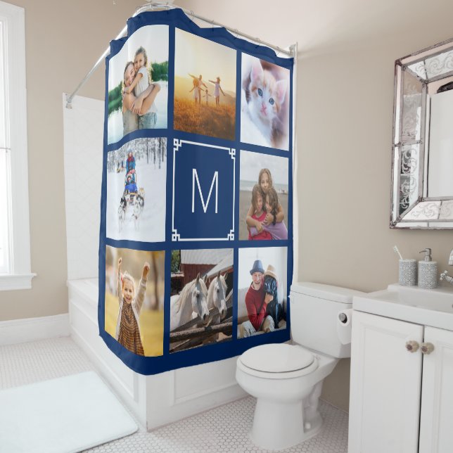 Navy and White Greek Key Monogram 8 Photo Collage Shower Curtain (In Situ)