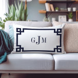 Navy and White Greek Key Monogram Lumbar Pillow<br><div class="desc">Cute preppy modern throw pillow with a geometric Greek key border and preppy 3 letter monogram. Adorable and unique gifts!</div>